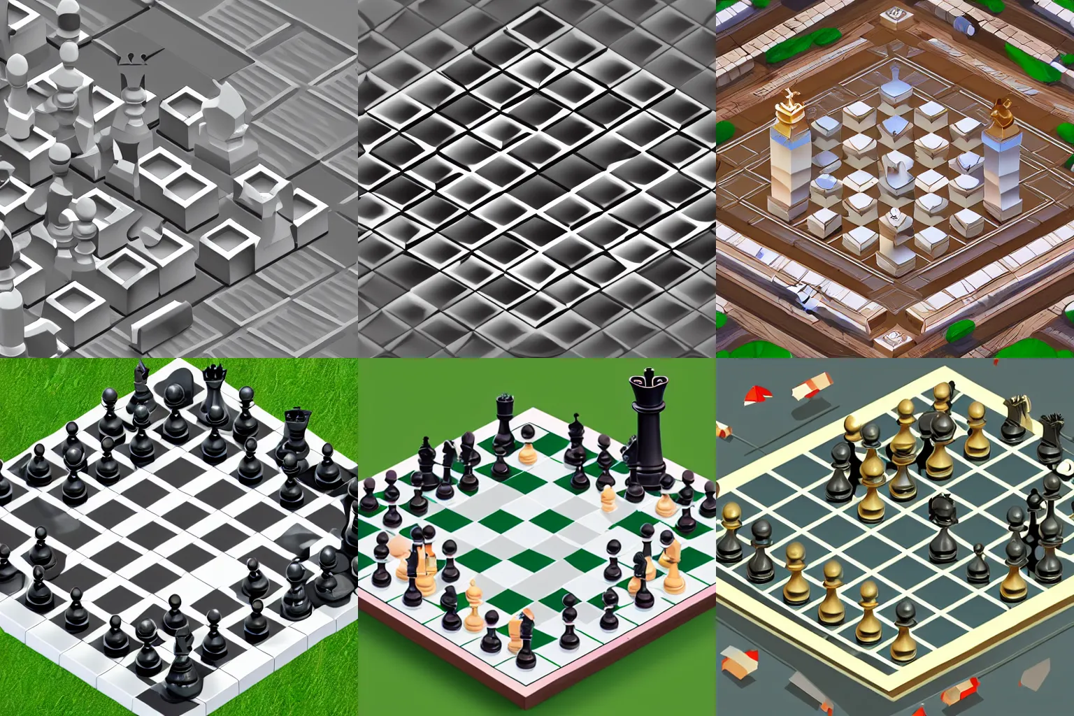 Prompt: 3d isometric view of a game of a chess-themed city, game assets