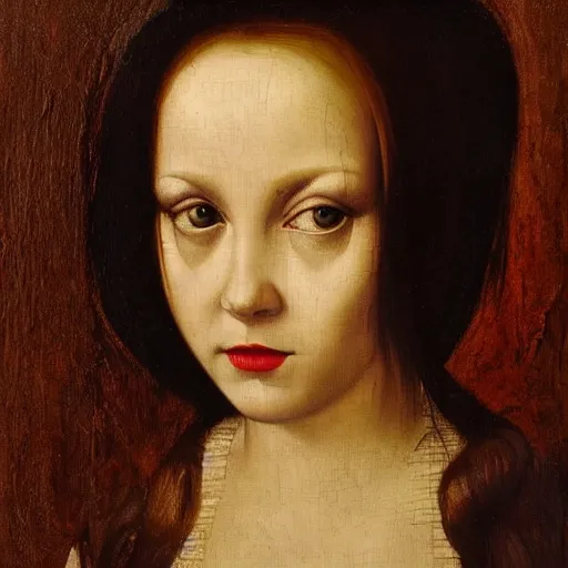 Prompt: Renaissance oil painting portrait of a pretty creepy girl, dark hair