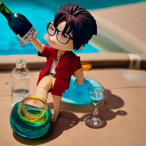 Image similar to johnny depp as nendoroid relaxing in the pool with bottle of wine, kodak film