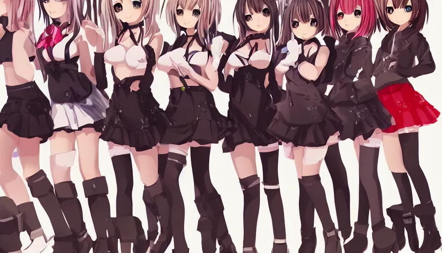 Image similar to group of cute anime characters in very short miniskirts, lightly dressed, ultra detailed digital art, hyper real, detailed, group photo, ultra detailed, ground up angle