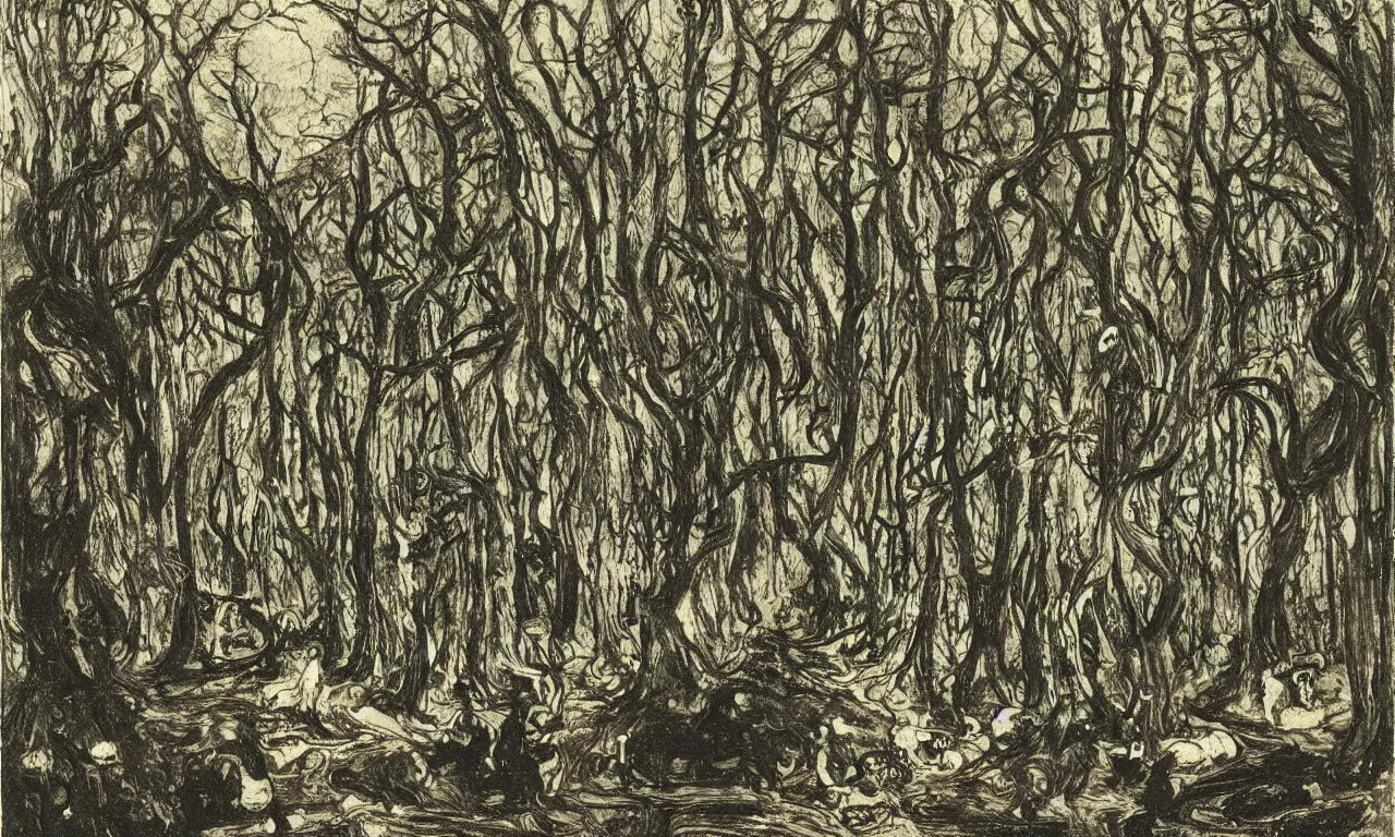 Prompt: A dark and stormy forest with strange creatures lurking in the shadows by Gerhard Munthe