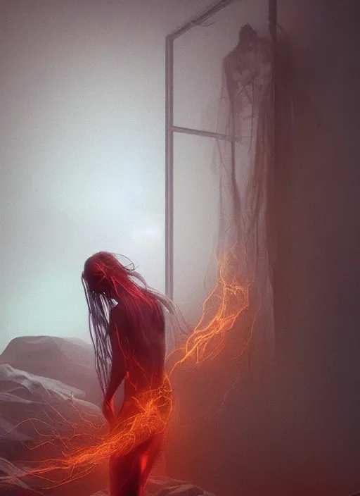 Image similar to rgb, woman, bedroom full of fire, rage, cinematic, movie scene, inspired by zdzislaw beksinski, clothes made out of veins,, cables everywhere, bedroom, ultra realistic, concept art, intricate details, highly detailed, photorealistic, octane render, 8 k