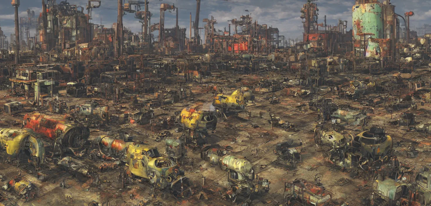 Prompt: industrial robot wasteland, fallout 4, colorful but morbid painting, soft edges