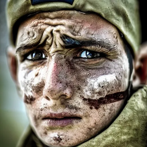 Prompt: soldier!!!!! portrait!!!!! pain, eyes, sadness, soft focus, national geographic