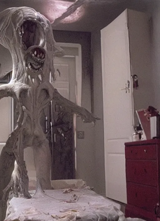 Image similar to an alien monster in the middle of a woman room in the night horror practical fx by dario argento