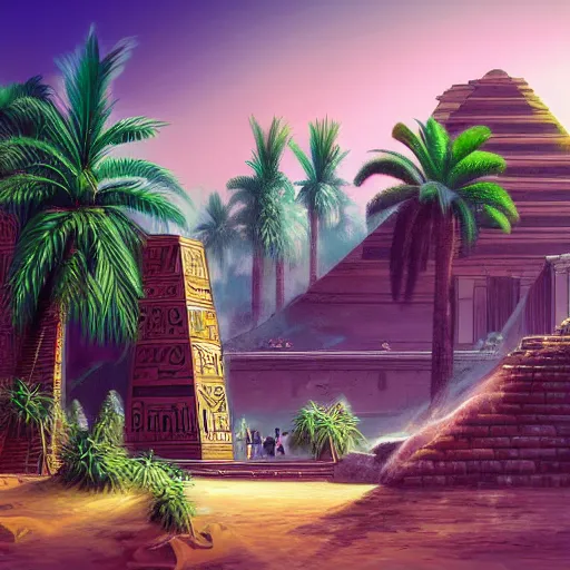 Image similar to a ancient egyptian city with plants and waterfalls, digital art retrowave art,trending on art station