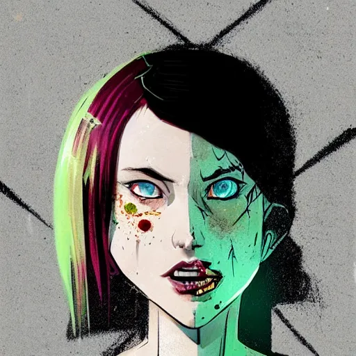 Prompt: Highly detailed portrait of pretty punk zombie young lady with, freckles and beautiful hair by Atey Ghailan, by Loish, by Bryan Lee O'Malley, by Cliff Chiang, inspired by image comics, inspired by graphic novel cover art, inspired by izombie, inspired by scott pilgrim !! Gradient green, black and white color scheme ((grafitti tag brick wall background)), trending on artstation
