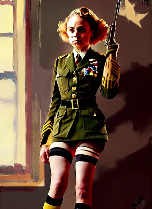 Prompt: annasophia robb in a war world II uniform, looking furious, startled, stockings, looking seductively attire by Greg Rutkowski, John Singer Sargent, Bryan Lee O'Malley, Edward Hopper