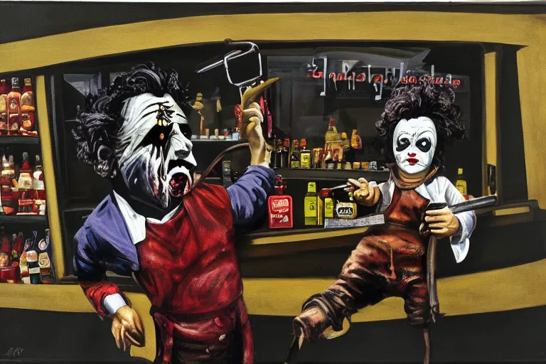 Image similar to black velvet painting of leatherface shopping at a grocery store