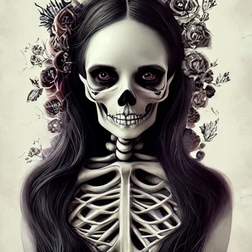 Image similar to a portrait of a skeleton, Anna Dittmann, dark, gothic, highly detailed, masterpiece, sharp, digital art, surreal, featured on artstation, HD, 8K