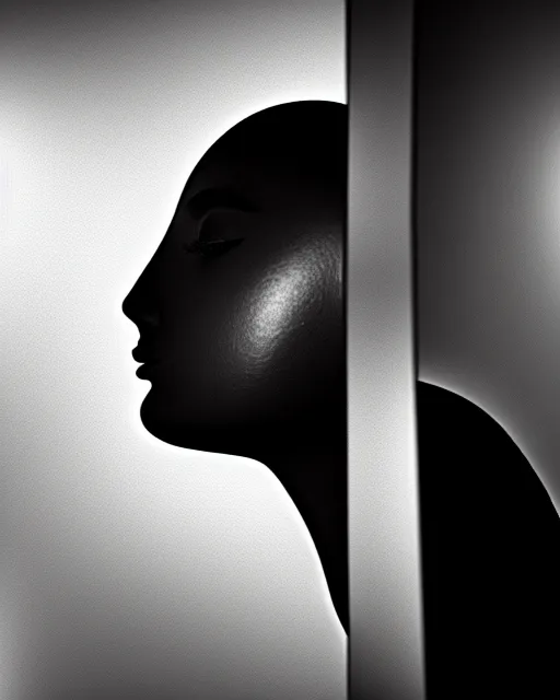 Image similar to black and white high quality photo of a beautiful female AI vegetal-cyborg looking into a sci-fi mirror, volumetric lighting, liminal space, brutalism, foggy, dreamy, hyperdetailed, bokeh, photorealistic, cinematic, masterpiece, elegant, dark, by Man Ray in the style of Horst P. Horst, octane render, 8K,