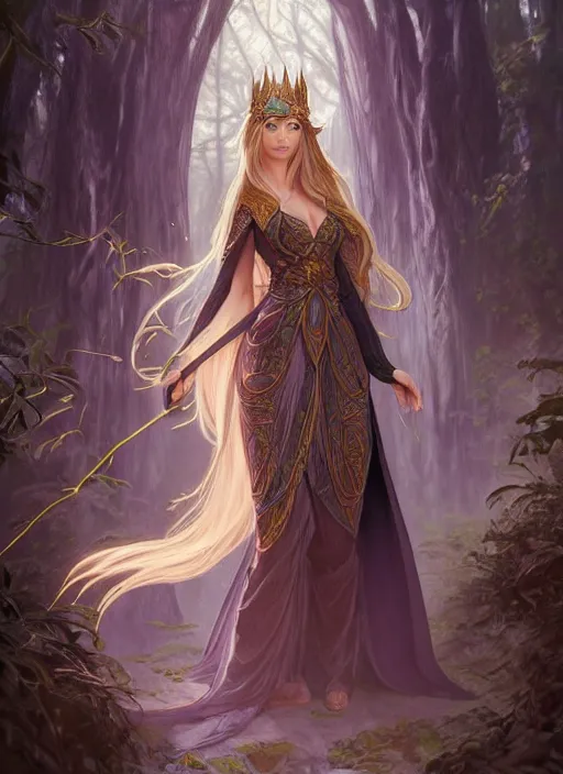 Image similar to full body of a fantasy elf female sorceress queen with long hair flowing in an ancient forest filled with magic, highly detailed, digital painting, artstation, smooth, sharp focus, illustration, art by artgerm and greg rutkowski and alphonse mucha, intricate dress, fine