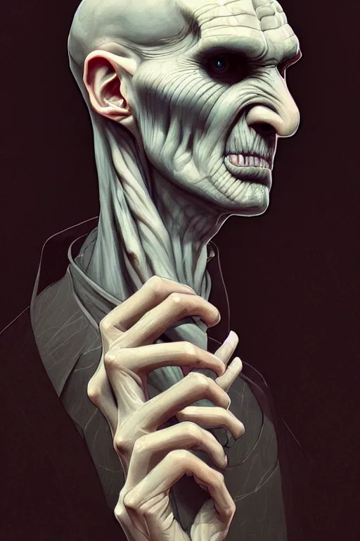 Prompt: a portrait of voldemort as handsome squidward, fantasy, sharp focus, intricate, elegant, digital painting, artstation, matte, highly detailed, concept art, illustration, ambient lighting, art by ilya kuvshinov, artgerm, alphonse mucha, and greg rutkowski