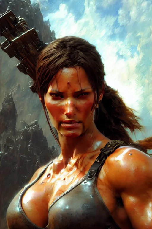 Prompt: muscular sweat lara croft wearing final fantasy armor, exhausted face close up, highly detailed painting by gaston bussiere, craig mullins, j. c. leyendecker 8 k