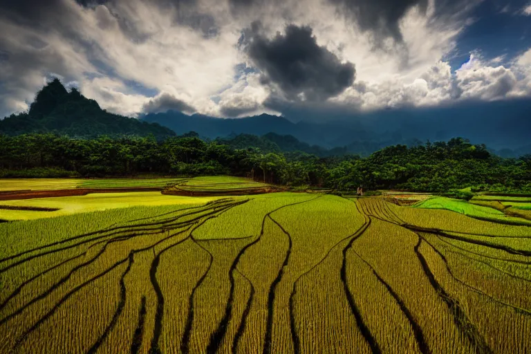 Prompt: in a sunny day, a beautiful landscape photography of Gunung Jerai, Yan, Malaysia with a paddy field, dramatic sky, 500px, cinematic lighting, wide angle, award winning, 8K photo realism