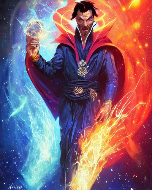 Image similar to a character portrait of handsome dr. strange with glow, surrounded with spiriling sparkling flash crystals and galaxies, by jesper ejsing, aleksi briclot, hyper light drifter, by ilya kuvshinov katsuhiro, jim burns, ed emshwiller, greg rutkowski, trending on artstation