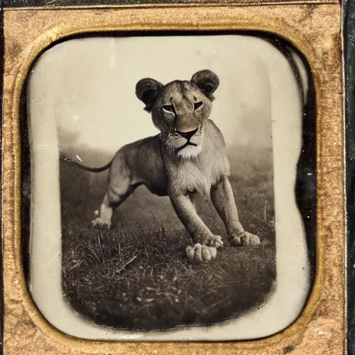 Prompt: tintype photo of a lion swimming