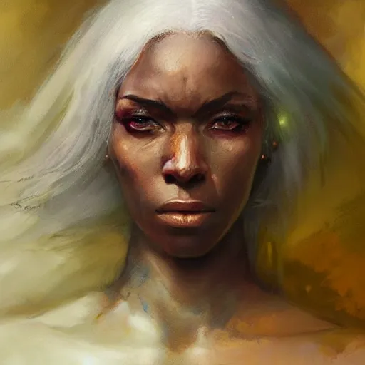 Prompt: A head-on detailed oil fantasy portrait of a black woman with green eyes and long white hair by greg rutkowski, trending on artstation, dungeon and dragons art