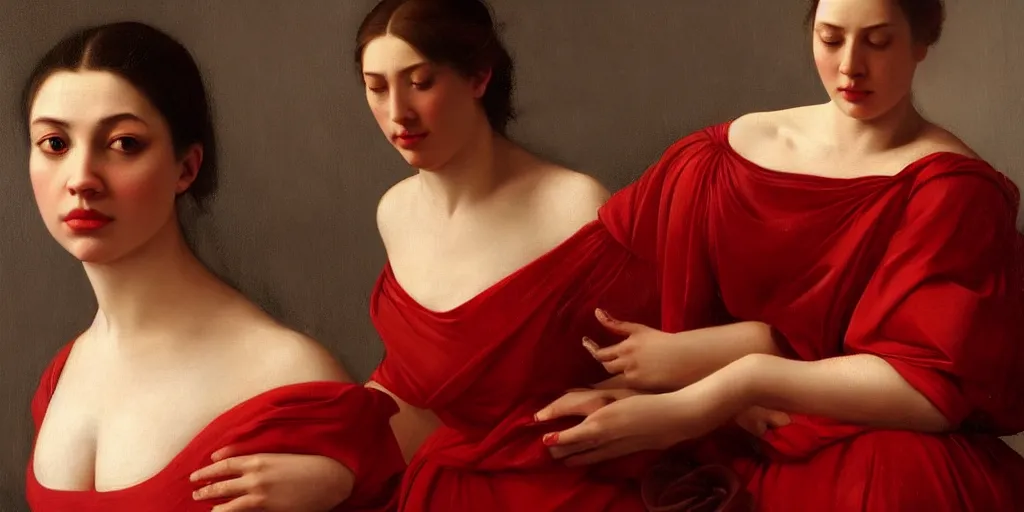 Prompt: beautiful oil matte portrait painting, woman in a red dress covered in rose petals, wonderful masterpiece highly detailed, beautiful cinematic light deep focus, elegant, digital painting, smooth, sharp focus, golden ratio, dramatic illumination, ultra realistic, 8 k, art by artemisia lomi gentileschi and caravaggio