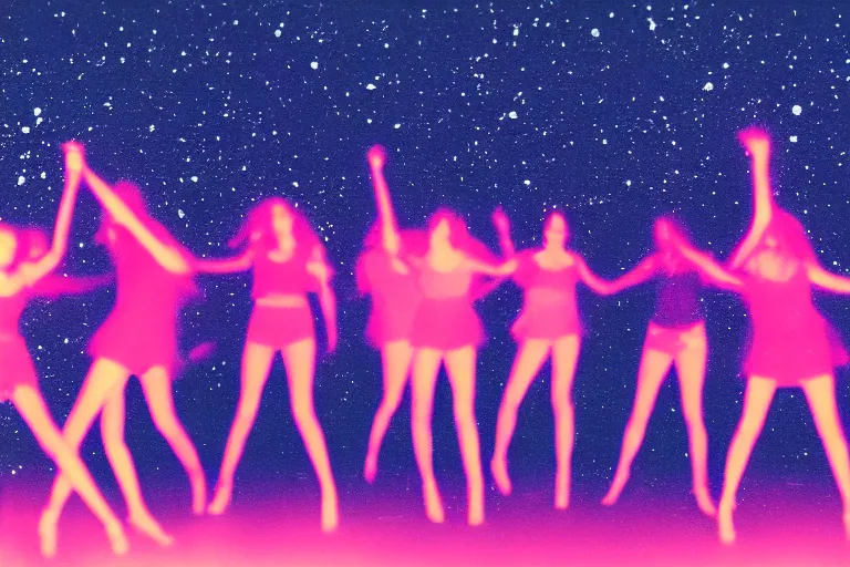 Prompt: blured shadows of dancing young women on pink light, close-up, focused background blue night sky with stars and orange campfire, polaroid photo