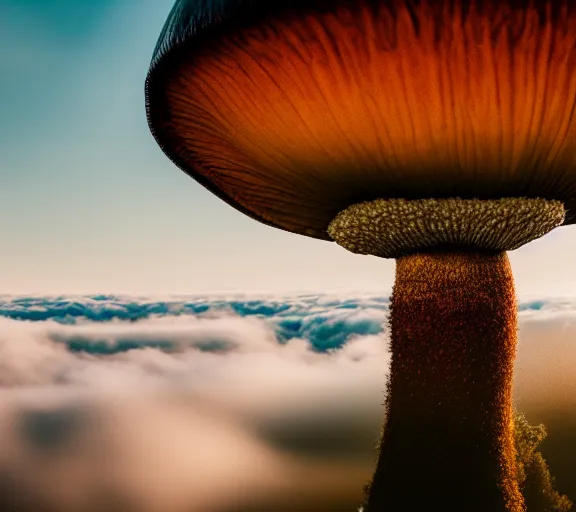 Prompt: a giant mushroom engulfs a whole kingdom and reaches above the clouds. intricate. lifelike. soft light. sony a 7 r iv 5 5 mm. cinematic post - processing