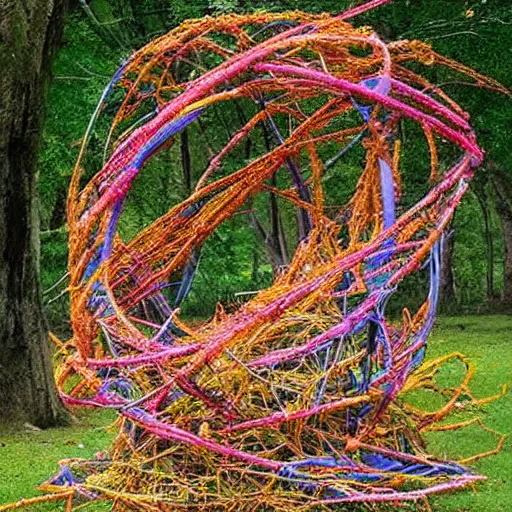 Image similar to A beautiful photograph of a space battle with wild, bright colors. by Patrick Dougherty tired