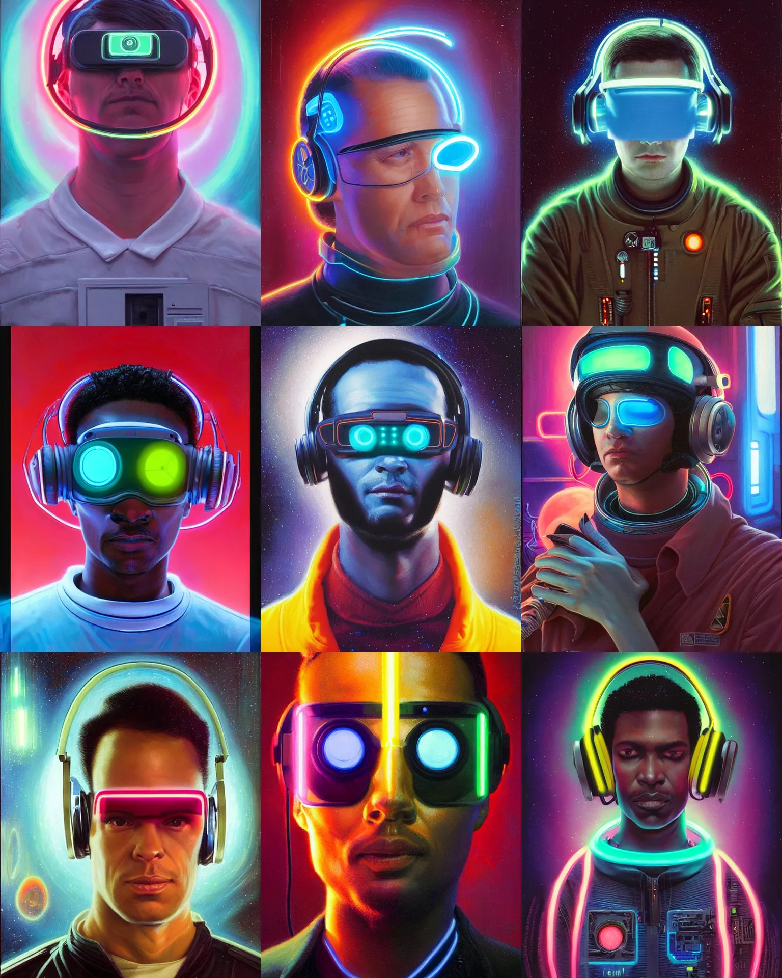 Prompt: neon cyberpunk programmer with glowing geordi cyclops visor over eyes and sleek headphones headshot desaturated profile portrait painting by donato giancola, dean cornwall, rhads, tom whalen, alex grey astronaut fashion photography