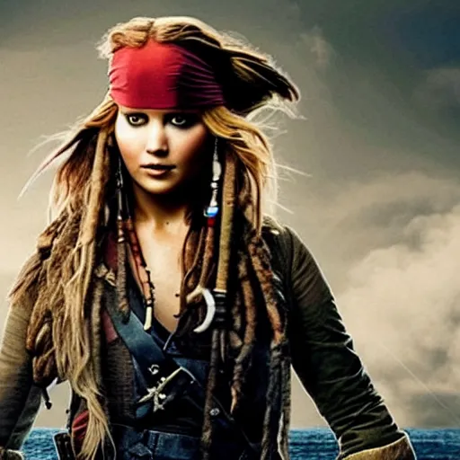 Image similar to still of Jennifer Lawrence as Captain Sparrow in Pirates of the Caribbean remake 2029