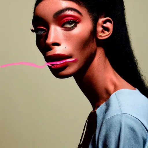 Image similar to realistic photoshooting for a new balenciaga lookbook, vhs colour photography, portrait of model Winnie Harlow woman, in style of Tyler Mitchell, 35mm,