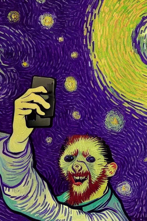 Prompt: selfie laughing purple space racoon by Vincent van Gogh
