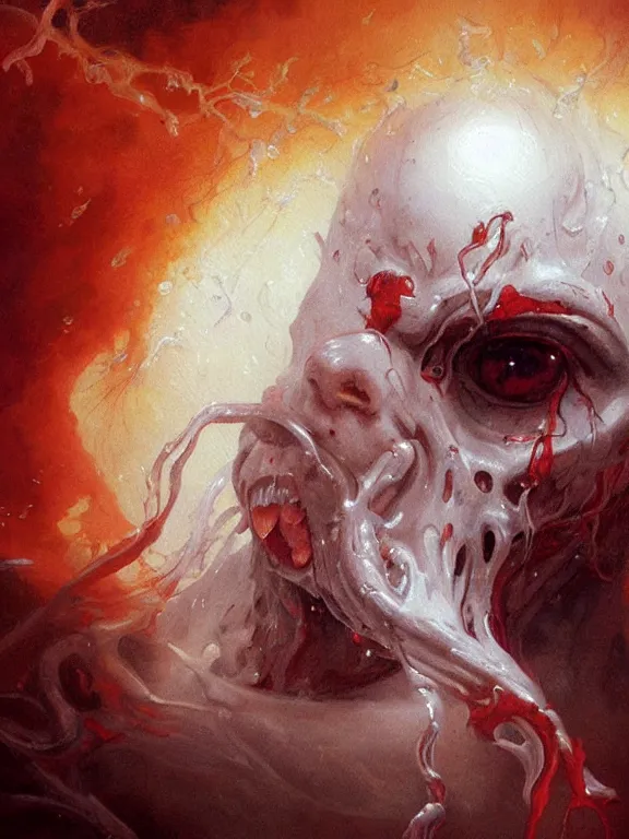 Image similar to painting by greg rutkowski of a flying sorrowful looking human head with tears running down it's eyes, face that is chalk white in color, with long sprawling white tentacles stemming down it's neck, fiery scorching red eyes, flying in a terrying hellish dark cavernous place