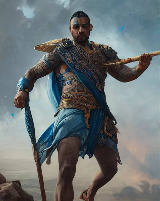 Prompt: a beautiful action portrait of an Atlantis prince, blue-fabric, tattoos, holding a spear, by Greg Rutkowski and Raymond Swanland, Trending on Artstation, ultra realistic digital art