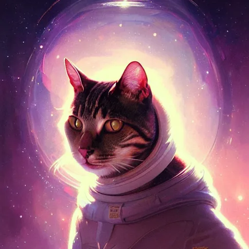 Image similar to Portrait of cat in space, intricate, elegant, highly detailed, digital painting, artstation, concept art, smooth, sharp focus, illustration, art by artgerm and greg rutkowski and alphonse mucha