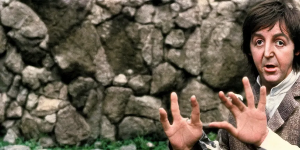 Image similar to A full color still of Paul McCartney dressed as a hobbit, holding his palm up, directed by Stanley Kubrick, 35mm, 1970