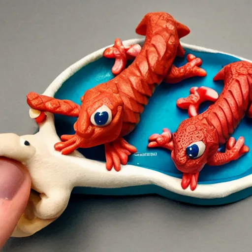 Image similar to polymer clay dragons in a canoe, eating pizza, claymation