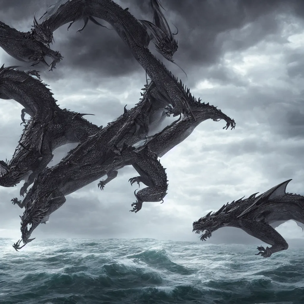 Image similar to a dragon with three heads emerging from the ocean during a storm, dramatic lighting, cinematic, high coherence, hyperrealistic, anatomically correct, path traced, highly detailed, high quality, 8 k hdr, octane render, unreal engine 5, trending on artstation, epic image, turbulent sea, concept art, digital art