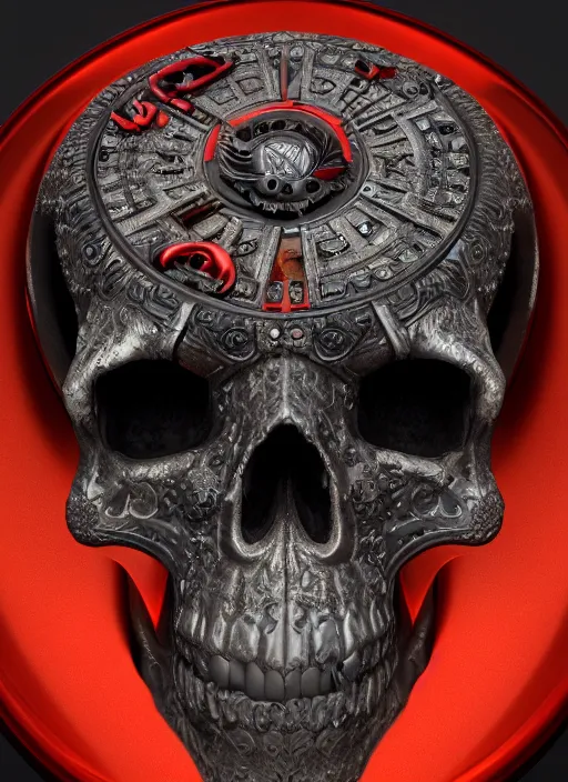 Image similar to 3d render ultra detailed of a skull, art deco, steam punk, intricate details, hyperrealistic, ultra detailed, elegant, octane render, black and red, 8k, trending on Artstation, unreal engine