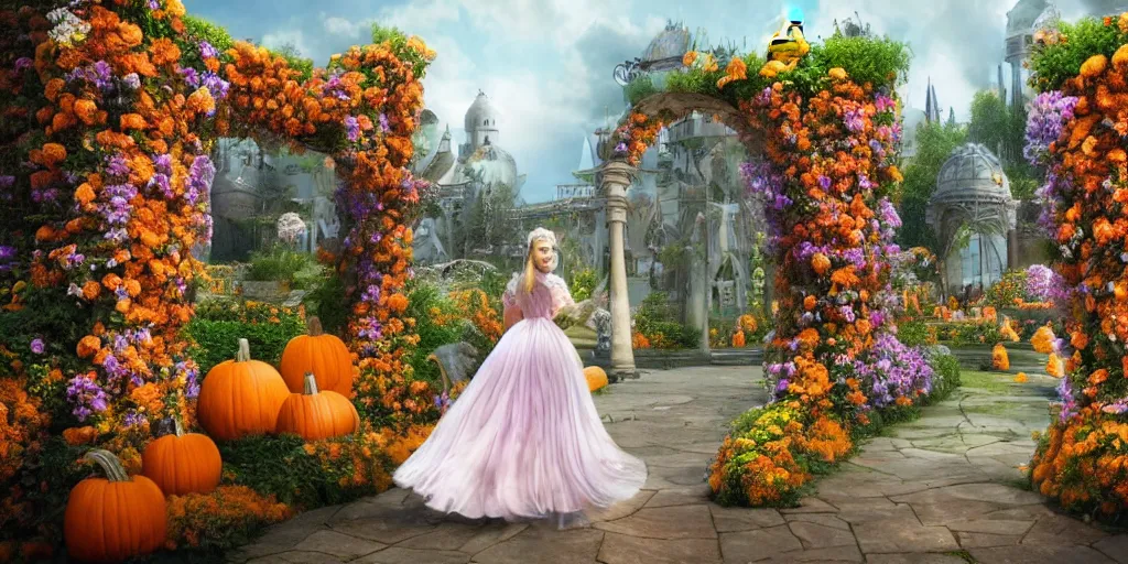Image similar to fairytale princess entering the gates of her majestic palace of flowers with horse driven carriage made of pumpkins epic scene unreal render hyperrealistic detail Star Wars