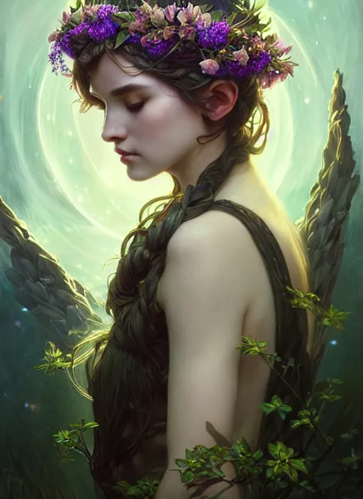 Image similar to a beautiful cinematic female druid goddess, flower Crown, galatic shamen with Quantum energy fantasy, fantasy magic, undercut hairstyle, dark light night, intricate, elegant, sharp focus, illustration, highly detailed, digital painting, concept art, matte, art by WLOP and Artgerm and Greg Rutkowski and Alphonse Mucha, masterpiece