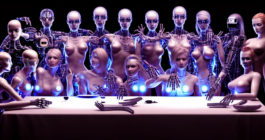 Image similar to beauty, !13 diverse cyborgs on !one_side of a reflective !cybernetic table, !!posing_as_last_supper, inticrate detailed glowing implants, !!highly detailed, dramatic lighting, electrical details, high details, beautiful lighting