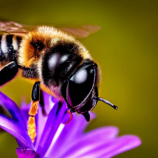 Image similar to macro photography of a bee landing on the dog's pollen covered nose. bokeh. contest winning photography. 8 k. hyper - realistic