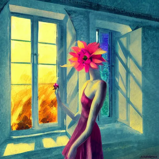 Image similar to giant flower under head, woman next to modern windows, luxury apartment, surreal photography, dramatic light, impressionist painting, digital painting, artstation, arthur adams