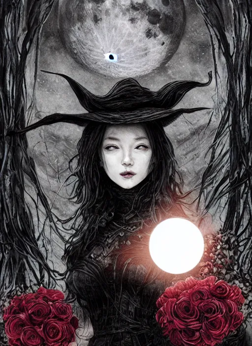 Prompt: portrait, A witch in front of the full big moon, book cover, red roses, red white black colors, establishing shot, extremly high detail, foto realistic, cinematic lighting, pen and ink, intricate line drawings, by Yoshitaka Amano, Ruan Jia, Kentaro Miura, Artgerm, post processed, concept art, artstation, matte painting, style by eddie, raphael lacoste, alex ross