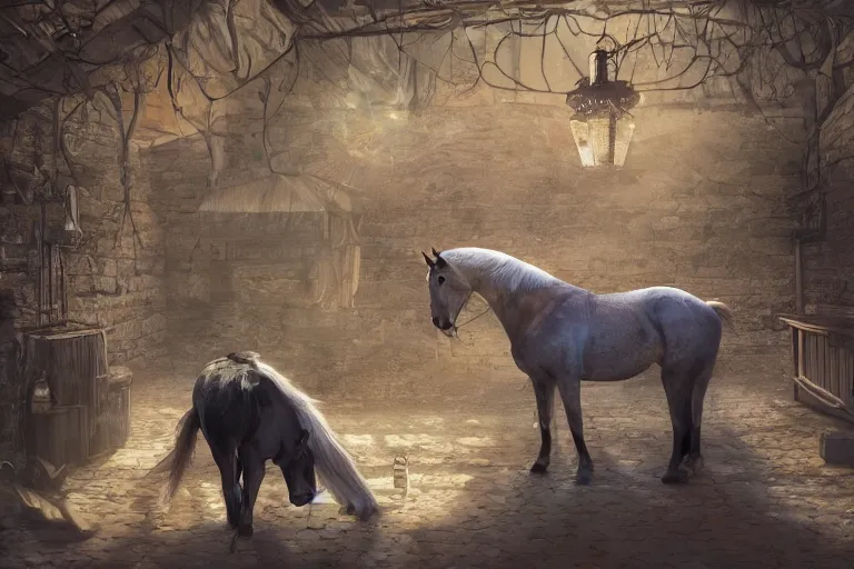 Image similar to A horse attempting to solve a jigsaw puzzle, looking confused, cinematic lighting, evening light, stables, digital painting, volumetric light, concept art, trending on artstation