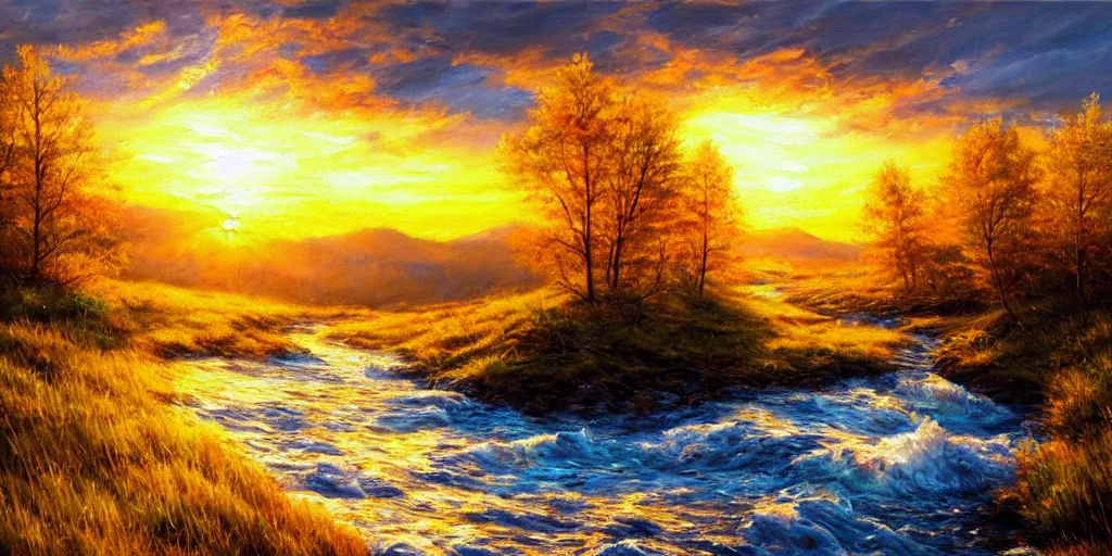 Prompt: golden hour nature landscape, oil painting, ultra realistic, highly detailed, hd, sharp focus, cinematic lighting, warm colors, realistic, photorealistic, vivid colors, painting, non blurry, sharp, smooth, illustration