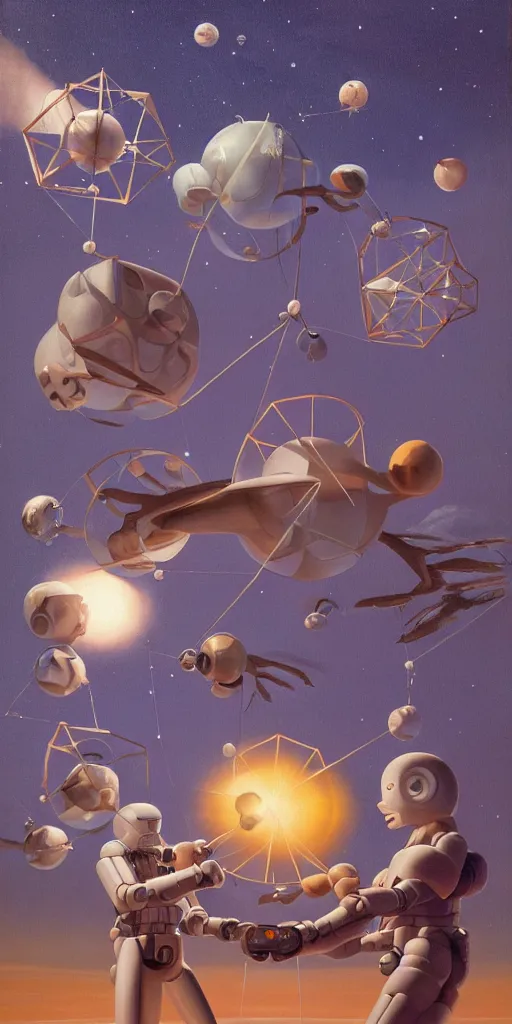 Prompt: a painting by ralph mcquarrie of floating molecules and a robot artist holding an icosahedron with stars, clouds, and rainbows in the background, trending on artstation, masterpiece, incredible details