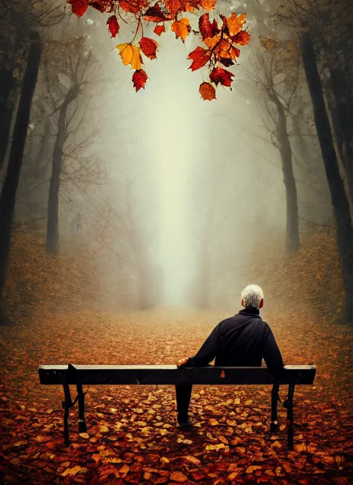 Image similar to man crumbles apart into autumn leaves. conceptual photography portrait of a crumbling old man on a park bench falling apart into leaves, autumn tranquility, forgetfulness, oblivion, inevitability, aging, surreal portrait, moody, by tom bagshaw, cold, 4 k