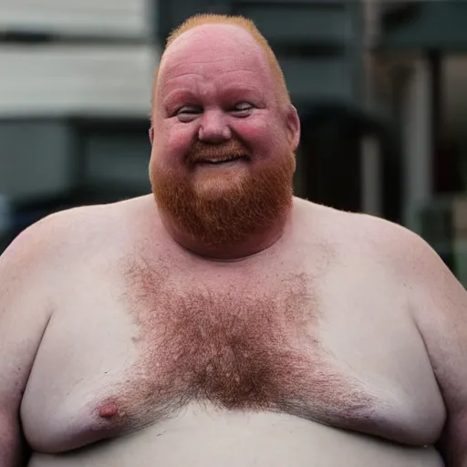 Image similar to 3 / 4 upper body of a 5 0 year old ginger men with crooked teeth, balding, overweight