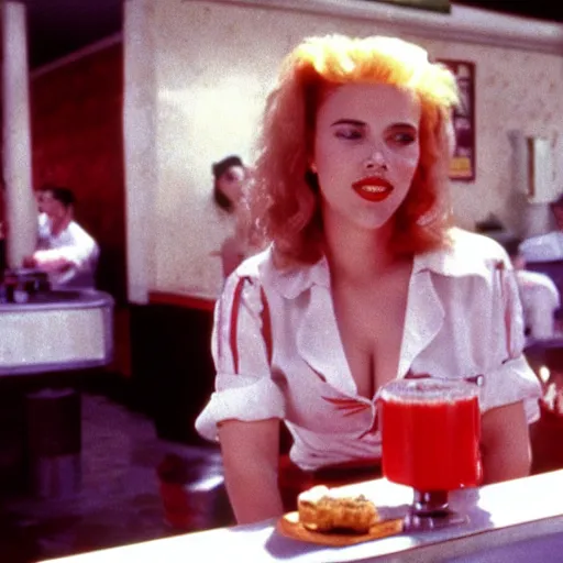 Image similar to Scarlett Johansson serving cherry pie at the double r diner in Twin Peaks (1990)