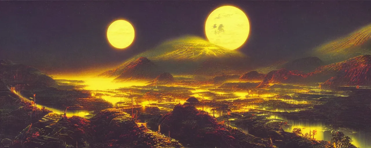 Prompt: awe inspiring bruce pennington landscape, digital art painting of 1 9 6 0 s, japan at night, 4 k, 8 k